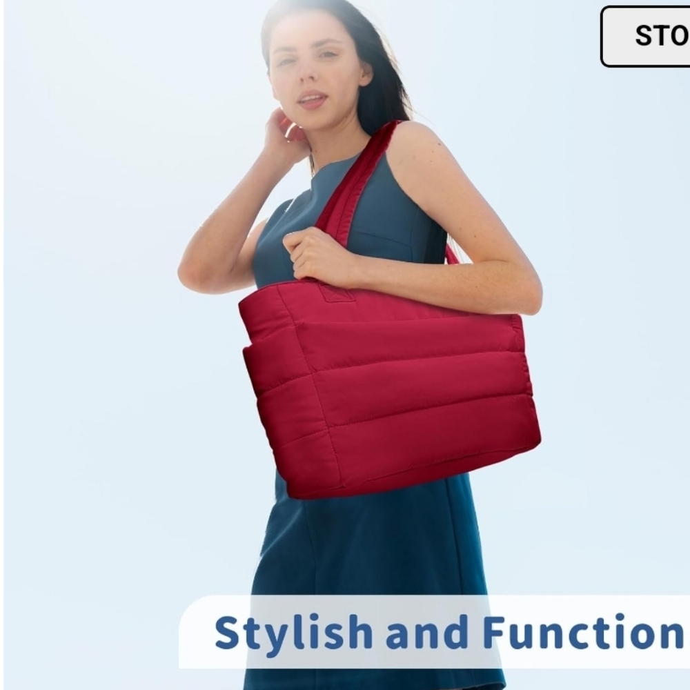 New Quilted Tote Bag with Matching Pouch - Dark Red - Picture 3 of 16
